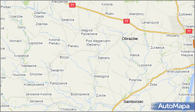 mapa Dębiany gmina Obrazów, Dębiany gmina Obrazów na mapie Targeo