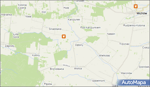mapa Dębiny gmina Abramów, Dębiny gmina Abramów na mapie Targeo