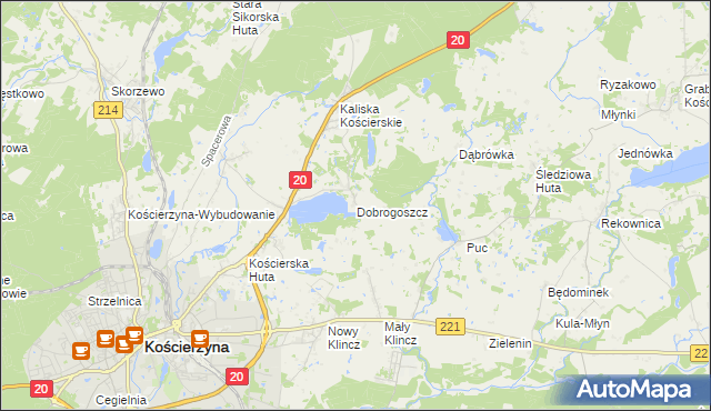 mapa Dobrogoszcz gmina Kościerzyna, Dobrogoszcz gmina Kościerzyna na mapie Targeo