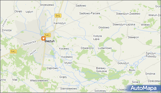mapa Dźwierzno gmina Bieżuń, Dźwierzno gmina Bieżuń na mapie Targeo
