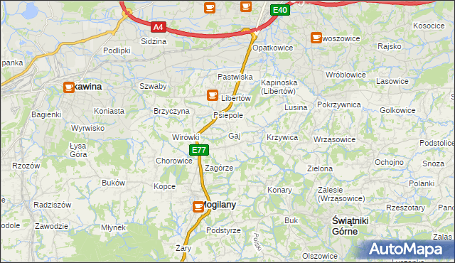 mapa Gaj gmina Mogilany, Gaj gmina Mogilany na mapie Targeo