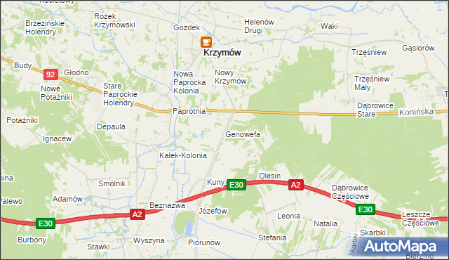 mapa Genowefa gmina Krzymów, Genowefa gmina Krzymów na mapie Targeo