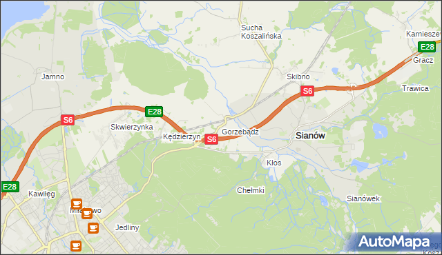 mapa Gorzebądz gmina Sianów, Gorzebądz gmina Sianów na mapie Targeo