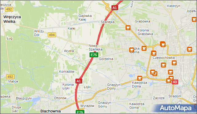 mapa Gorzelnia gmina Blachownia, Gorzelnia gmina Blachownia na mapie Targeo