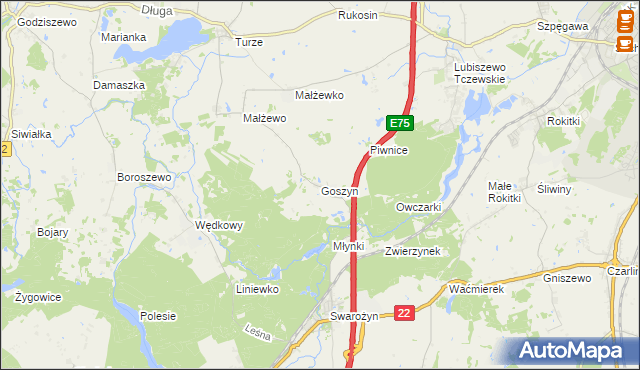 mapa Goszyn gmina Tczew, Goszyn gmina Tczew na mapie Targeo