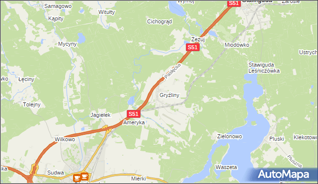 mapa Gryźliny gmina Stawiguda, Gryźliny gmina Stawiguda na mapie Targeo