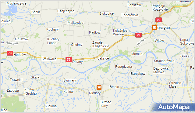 mapa Jaksice gmina Koszyce, Jaksice gmina Koszyce na mapie Targeo