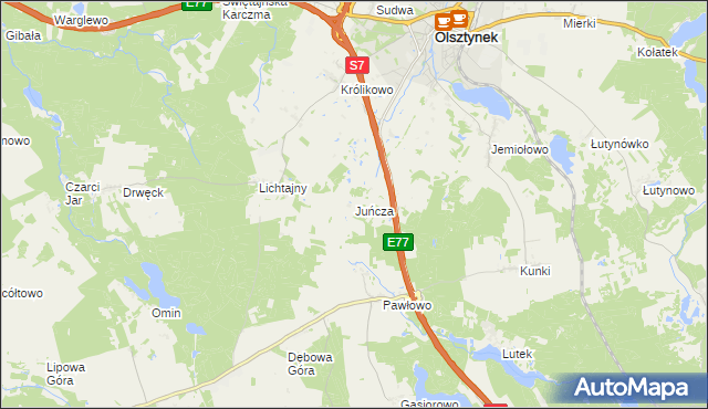 mapa Juńcza gmina Olsztynek, Juńcza gmina Olsztynek na mapie Targeo