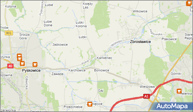 mapa Kamieniec gmina Zbrosławice, Kamieniec gmina Zbrosławice na mapie Targeo