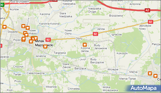 mapa Kolonia Janów gmina Mińsk Mazowiecki, Kolonia Janów gmina Mińsk Mazowiecki na mapie Targeo