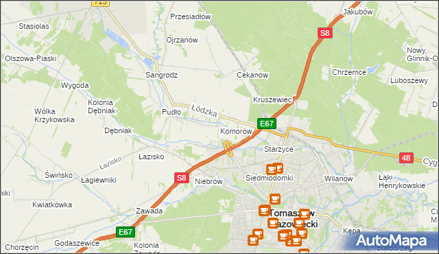 mapa Komorów gmina Tomaszów Mazowiecki, Komorów gmina Tomaszów Mazowiecki na mapie Targeo