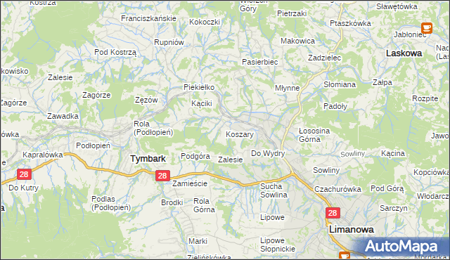 mapa Koszary gmina Limanowa, Koszary gmina Limanowa na mapie Targeo