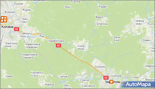 mapa Kozia Wola gmina Stąporków, Kozia Wola gmina Stąporków na mapie Targeo