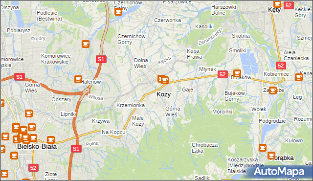 mapa Kozy powiat bielski, Kozy powiat bielski na mapie Targeo