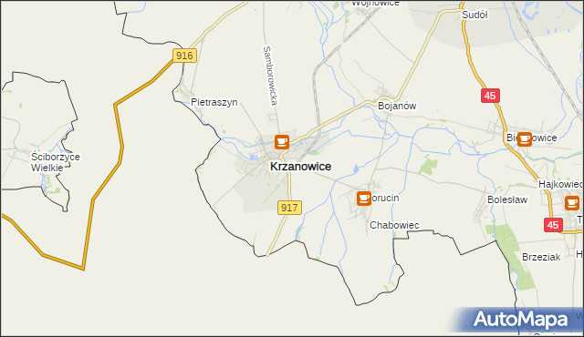 mapa Krzanowice powiat raciborski, Krzanowice powiat raciborski na mapie Targeo