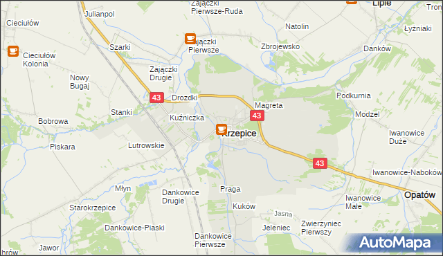 mapa Krzepice powiat kłobucki, Krzepice powiat kłobucki na mapie Targeo