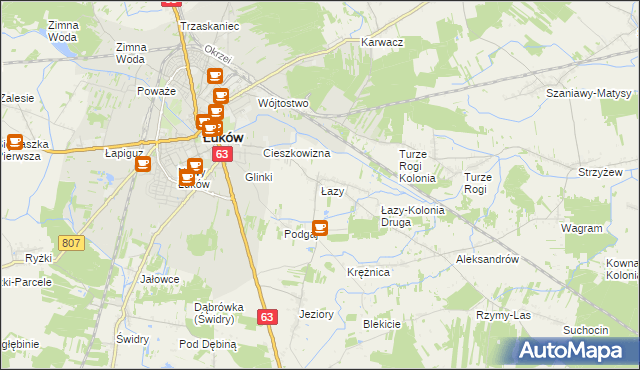 mapa Łazy gmina Łuków, Łazy gmina Łuków na mapie Targeo