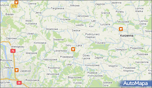 mapa Łęka gmina Korzenna, Łęka gmina Korzenna na mapie Targeo