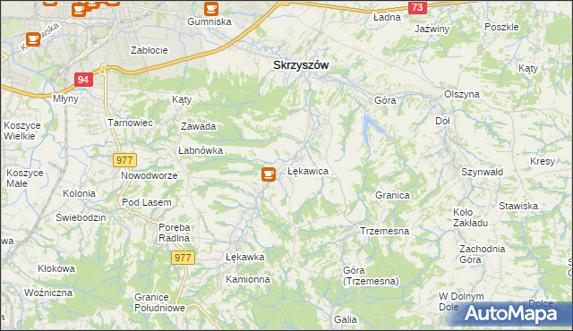 mapa Łękawica gmina Skrzyszów, Łękawica gmina Skrzyszów na mapie Targeo