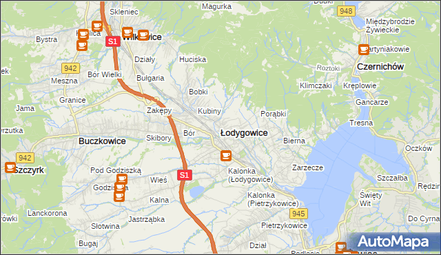 mapa Łodygowice powiat żywiecki, Łodygowice powiat żywiecki na mapie Targeo