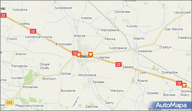 mapa Lubanów gmina Błaszki, Lubanów gmina Błaszki na mapie Targeo