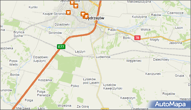 mapa Ludwinów gmina Jędrzejów, Ludwinów gmina Jędrzejów na mapie Targeo