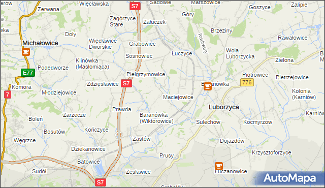 mapa Maciejowice gmina Kocmyrzów-Luborzyca, Maciejowice gmina Kocmyrzów-Luborzyca na mapie Targeo