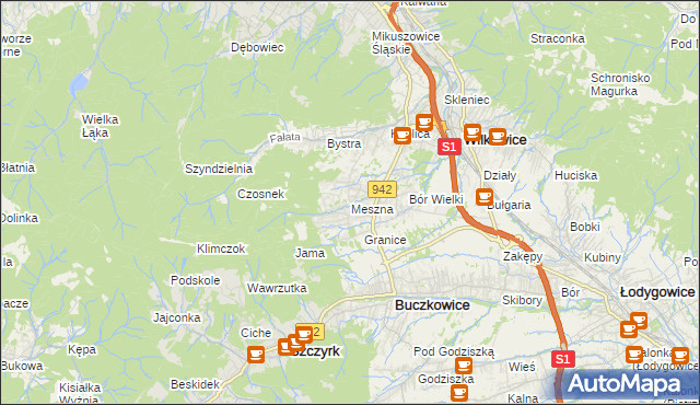mapa Meszna gmina Wilkowice, Meszna gmina Wilkowice na mapie Targeo