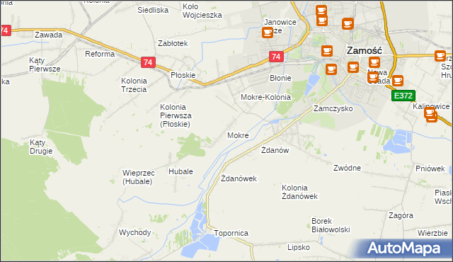 mapa Mokre gmina Zamość, Mokre gmina Zamość na mapie Targeo