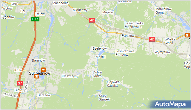 mapa Mostki gmina Suchedniów, Mostki gmina Suchedniów na mapie Targeo