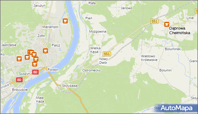 mapa Nowy Dwór gmina Dąbrowa Chełmińska, Nowy Dwór gmina Dąbrowa Chełmińska na mapie Targeo