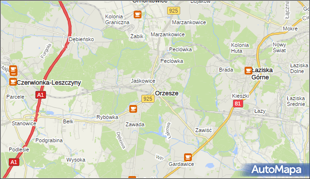 mapa Orzesze powiat mikołowski, Orzesze powiat mikołowski na mapie Targeo