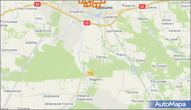 mapa Ostrów gmina Opoczno, Ostrów gmina Opoczno na mapie Targeo