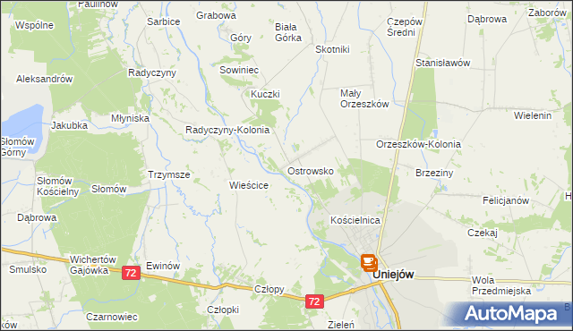 mapa Ostrowsko gmina Uniejów, Ostrowsko gmina Uniejów na mapie Targeo