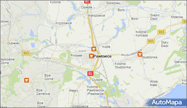 mapa Pawłowice powiat pszczyński, Pawłowice powiat pszczyński na mapie Targeo