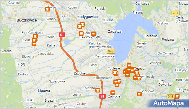 mapa Pietrzykowice gmina Łodygowice, Pietrzykowice gmina Łodygowice na mapie Targeo