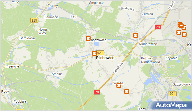 mapa Pilchowice powiat gliwicki, Pilchowice powiat gliwicki na mapie Targeo