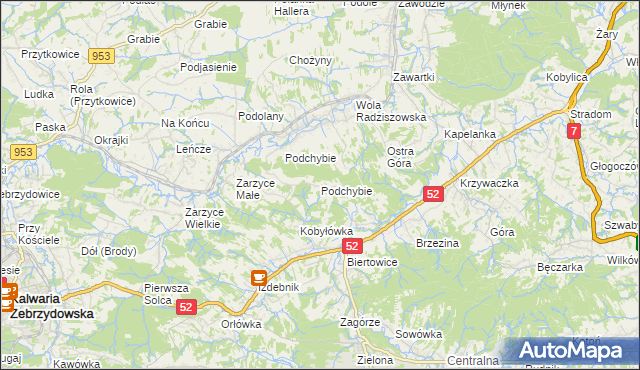 mapa Podchybie gmina Lanckorona, Podchybie gmina Lanckorona na mapie Targeo