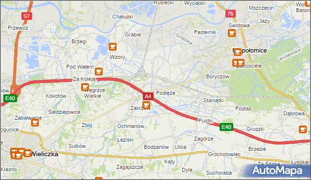 mapa Podłęże gmina Niepołomice, Podłęże gmina Niepołomice na mapie Targeo