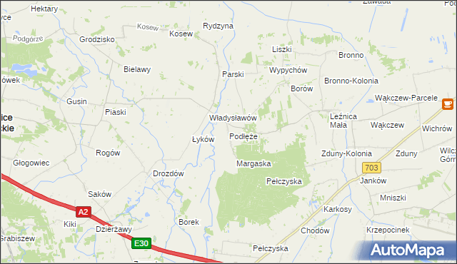 mapa Podłęże gmina Świnice Warckie, Podłęże gmina Świnice Warckie na mapie Targeo