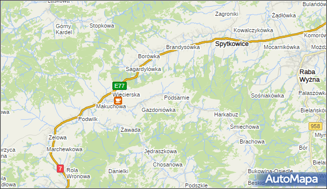 mapa Podsarnie, Podsarnie na mapie Targeo