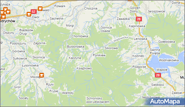 mapa Ponikiew gmina Wadowice, Ponikiew gmina Wadowice na mapie Targeo