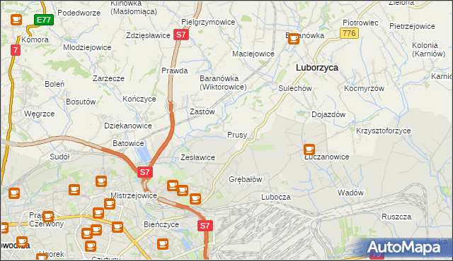 mapa Prusy gmina Kocmyrzów-Luborzyca, Prusy gmina Kocmyrzów-Luborzyca na mapie Targeo