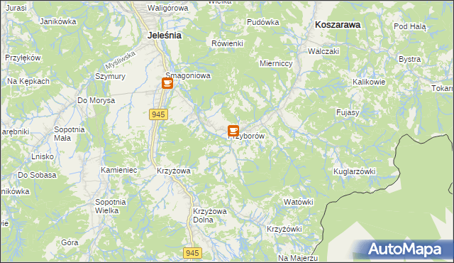 mapa Przyborów gmina Jeleśnia, Przyborów gmina Jeleśnia na mapie Targeo