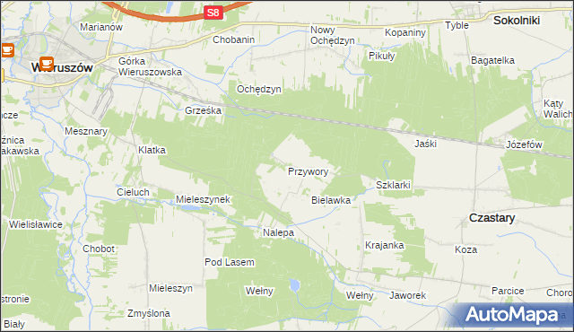 mapa Przywory gmina Czastary, Przywory gmina Czastary na mapie Targeo