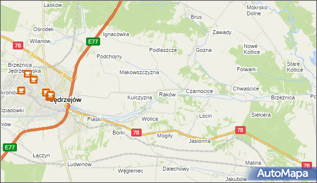 mapa Raków gmina Jędrzejów, Raków gmina Jędrzejów na mapie Targeo