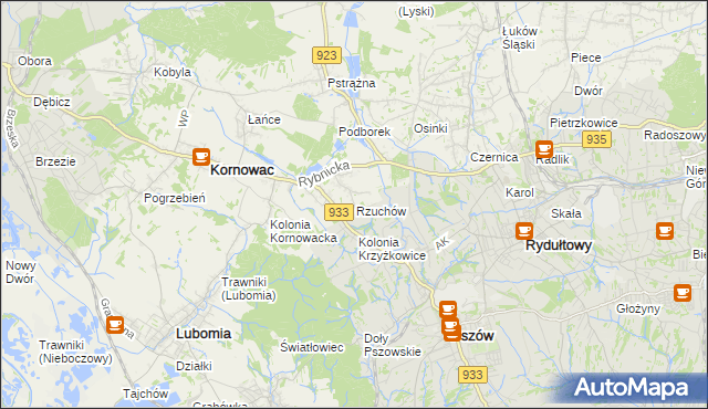 mapa Rzuchów gmina Kornowac, Rzuchów gmina Kornowac na mapie Targeo