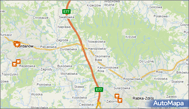 mapa Skomielna Biała, Skomielna Biała na mapie Targeo