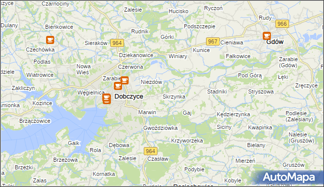 mapa Skrzynka gmina Dobczyce, Skrzynka gmina Dobczyce na mapie Targeo