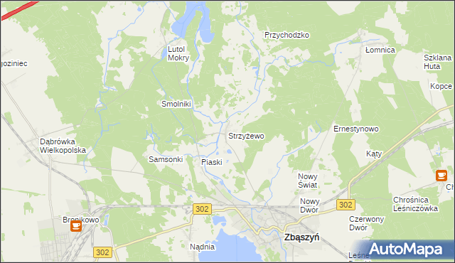 mapa Strzyżewo gmina Zbąszyń, Strzyżewo gmina Zbąszyń na mapie Targeo